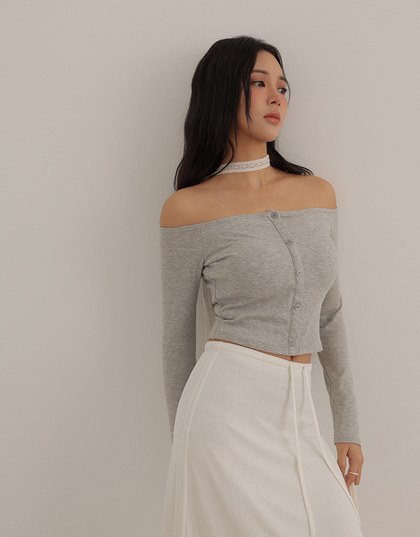 Off Shoulder Button Front Knit Padded Top