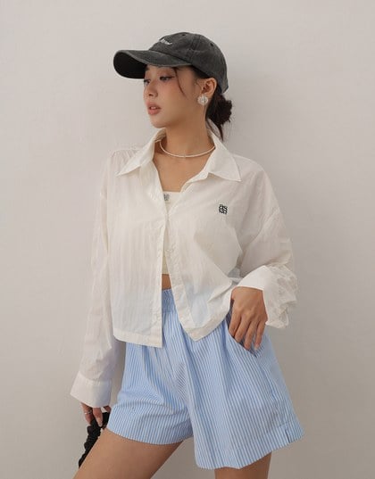 Skin Protection Sheer Button Up Cropped Blouse with AIR SPACE LOGO Embroidered