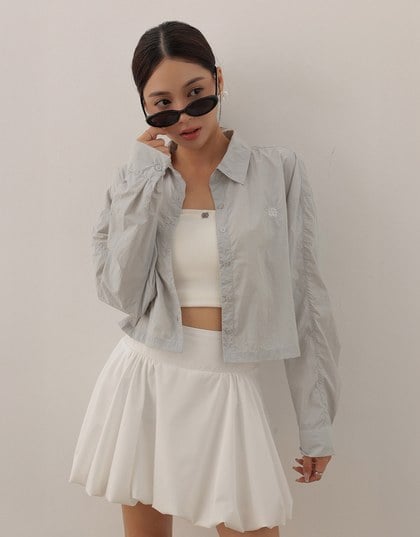 Skin Protection Sheer Button Up Cropped Blouse with AIR SPACE LOGO Embroidered