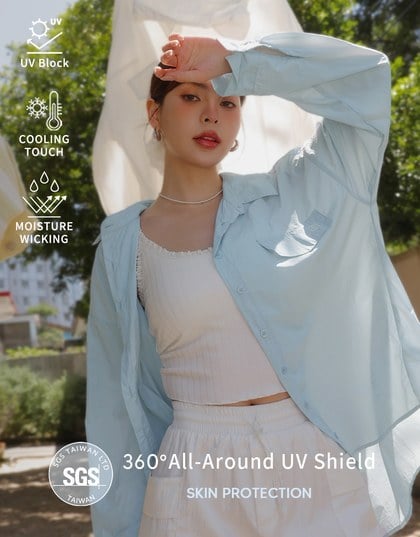 Skin Protection Sheer Button Up Oversized Blouse with Two Flap Pockets