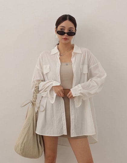 Skin Protection Sheer Button Up Oversized Blouse with Two Flap Pockets