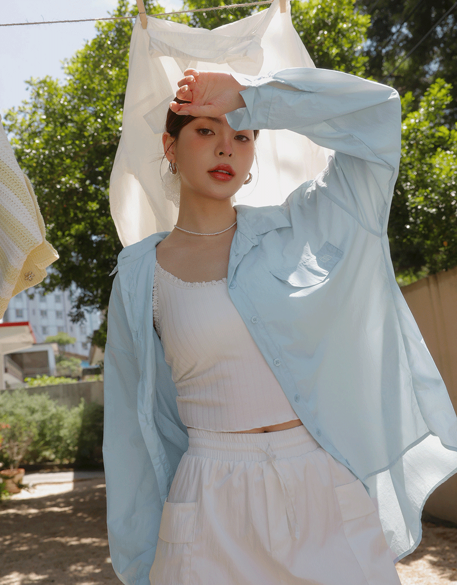 Skin Protection Sheer Button Up Oversized Blouse with Two Flap Pockets