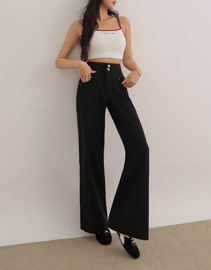 Classic Solid High Waist Buttoned Wide Leg Pants