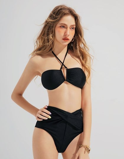 【PUSH UP】Multiway Glossy Crisscross Deep V Bandeau Bikini Top