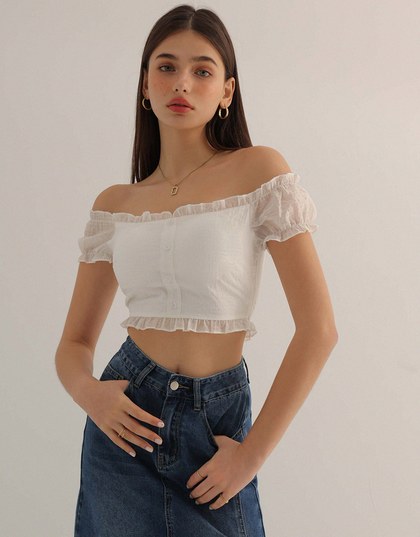 Ruffled Lace Off Shoulder Buttoned Padded Cropped Top