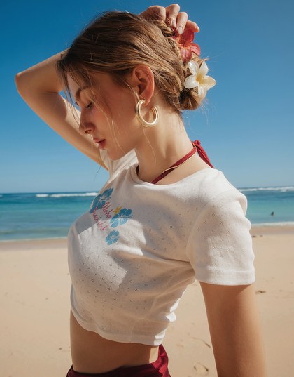 Aloha Beach Club Floral Embroidery Detail Ribbed Fitted Crop Top