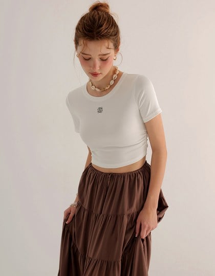 AIR SPACE LOGO Embroidered Cropped Ribbed Top with Side Ruched Detail