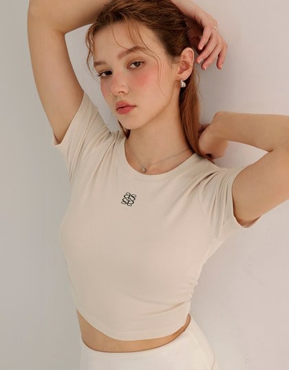 AIR SPACE LOGO Embroidered Cropped Ribbed Top with Side Ruched Detail