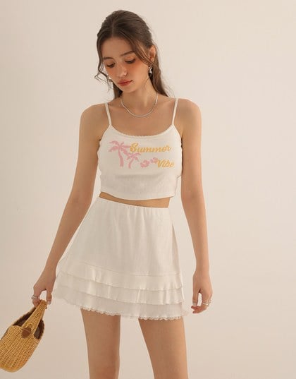 Summer Vibe Palm Embroidery Detail Padded Cami Crop Top