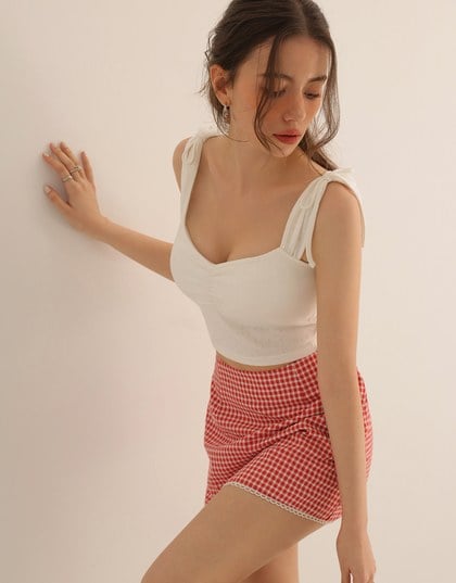 Ruched Sweetheart Neckline Double Strap Bow Tie Padded Tank Top