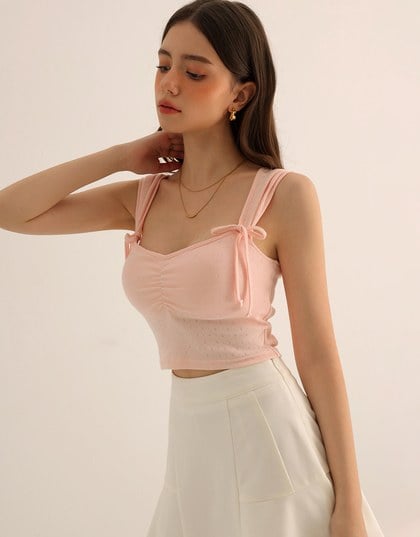 Ruched Sweetheart Neckline Double Strap Bow Tie Padded Tank Top