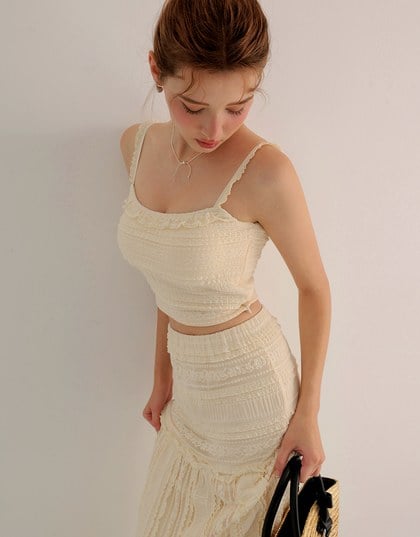 Smocked Cami Top with Lace Textured Ruffle Trim Straps