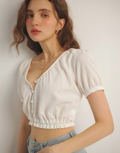 Textured Puff Sleeve V Neck Cropped Top with Ruched Hem