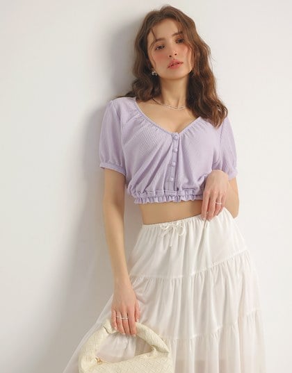 Textured Puff Sleeve V Neck Cropped Top with Ruched Hem