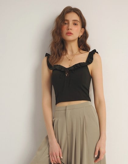 2 Way Off Shoulder Ruffle Tie Padded Cropped Top