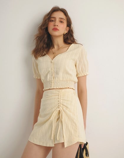 Ruched Waist Textured Stripe V Neck Cropped Top with Puff Sleeves