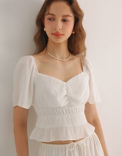 Elastic Shirred Waist Puff Sleeve Cropped Top