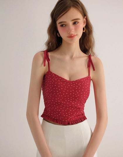 Floral Print Tie Strap Padded Cami Crop Top with Shirred Back and Ruffled Hem
