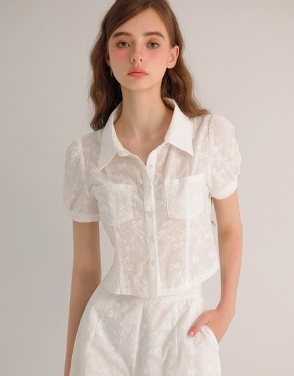 Embroidered Bow Lace Puff Sleeve Semi Sheer Blouse Top