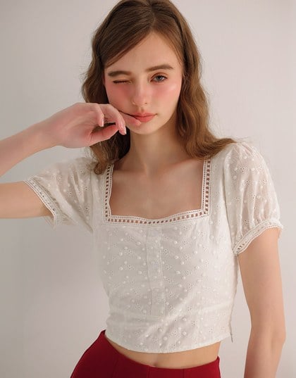 Square Neck Embroidered Eyelet Cropped Top with Puffy Sleeves