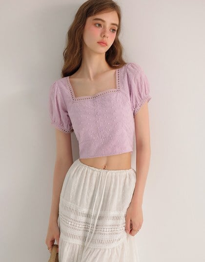 Square Neck Embroidered Eyelet Cropped Top with Puffy Sleeves