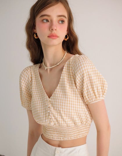 V Neck Gingham Crop Blouse with Puff Sleeves and Smocked Waistband