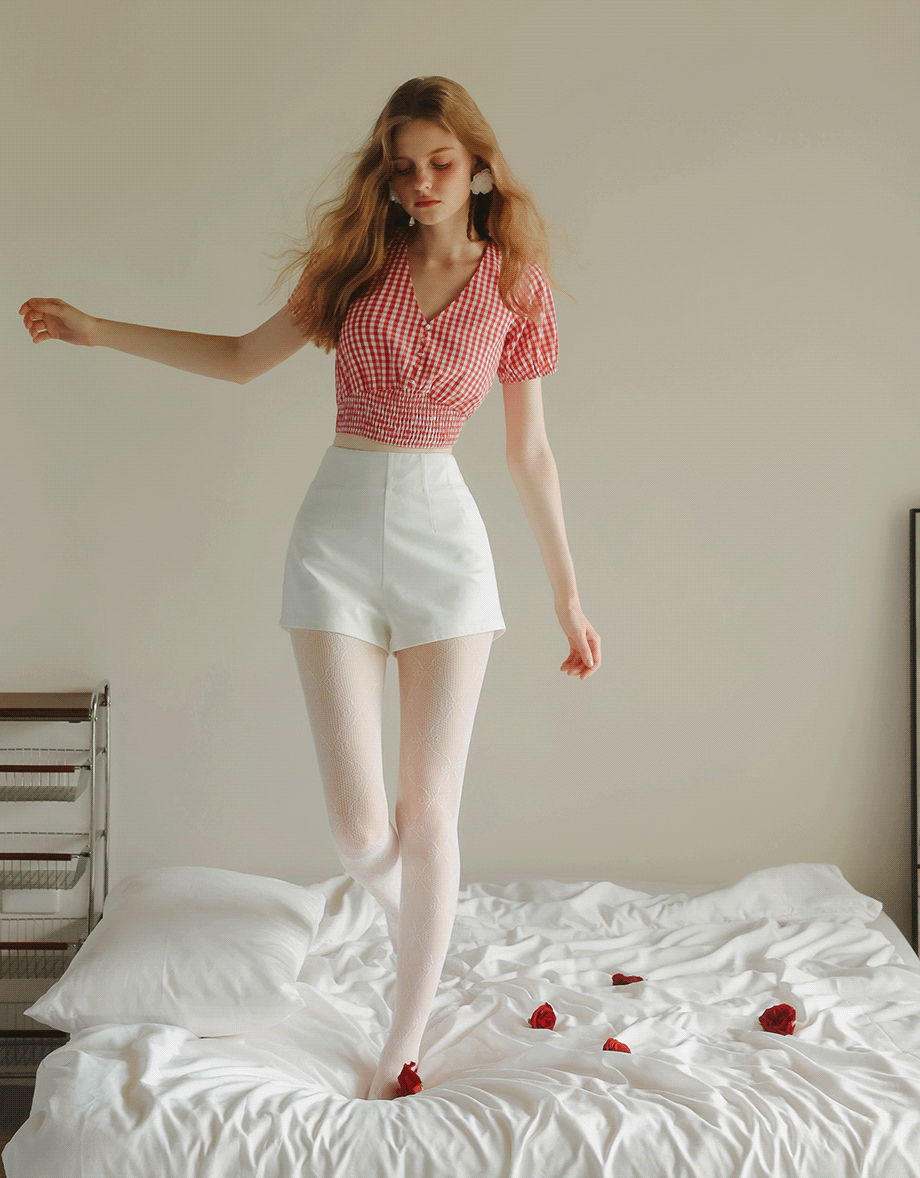 V Neck Gingham Crop Blouse with Puff Sleeves and Smocked Waistband