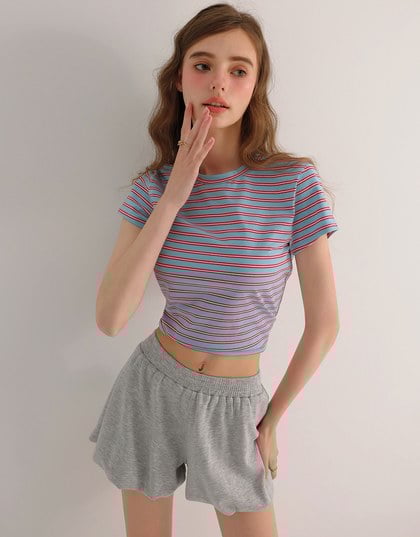 Retro Fit Striped Crew Neck Stretchy Cropped Tee