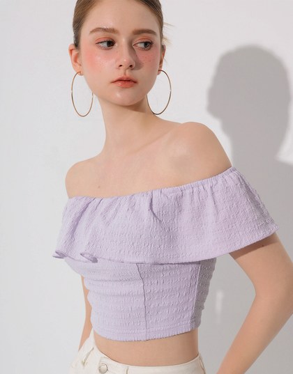 Textured Ruffle Trim Off Shoulder Padded Cropped Top
