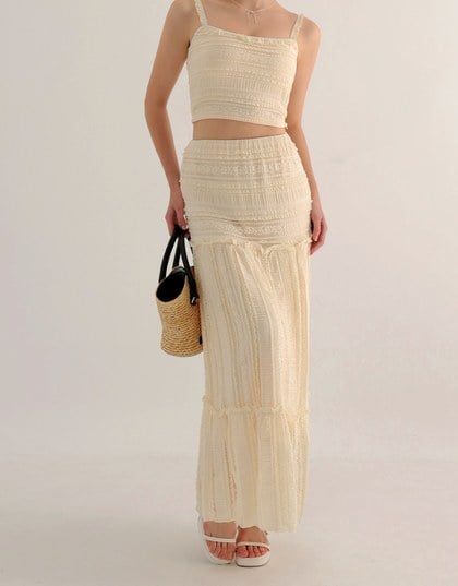Boho Bohemian Style Lace Textured Tiered Maxi Skirt