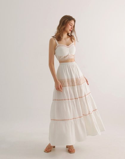 Boho Embroidered Tiered Maxi Skirt with Side Slit Detail
