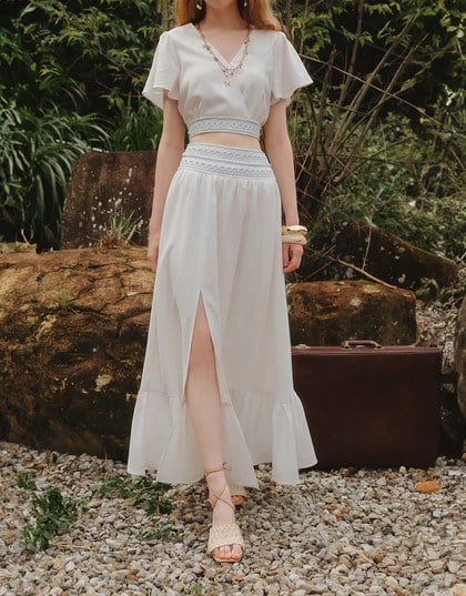 Elastic Embroidered Waist Side Slit Maxi Skirt