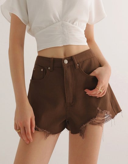 High Waisted Distressed Raw Hem Jeans Denim Shorts
