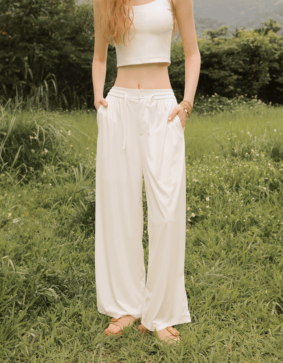 Cooling Fabric Wide Leg Pants with Drawstring Detail