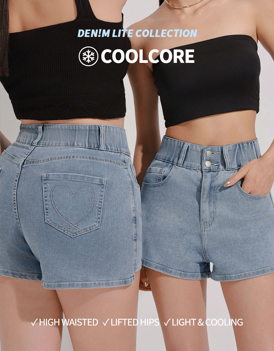 Cooling Fabric Double Button Jeans Denim Shorts with Heart Pocket Stitching
