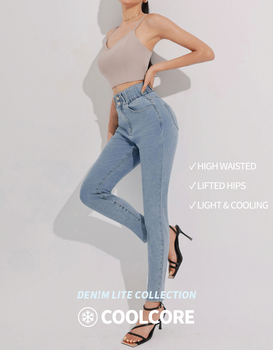 Cooling Fabric Double Button Jeans Denim Skinny Pants with Heart Pocket Stitching
