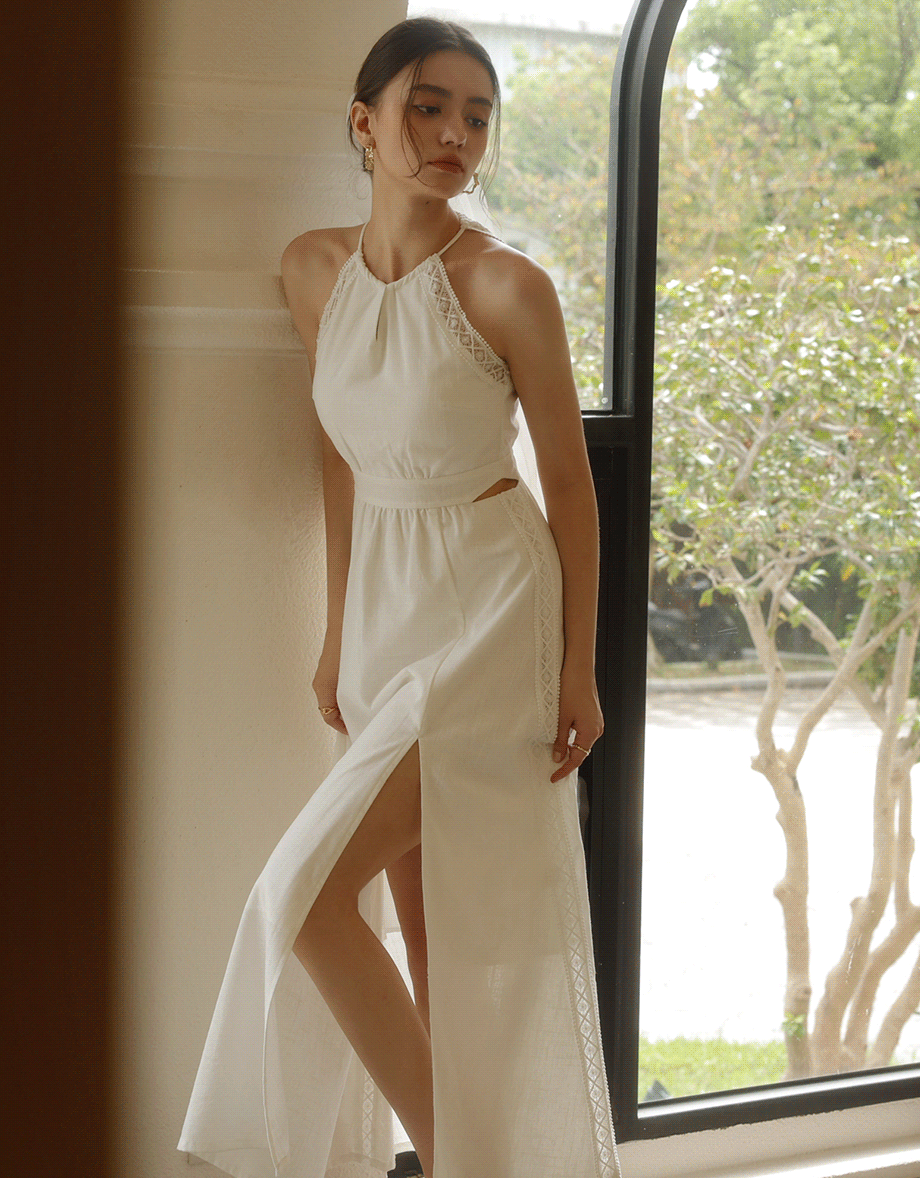 Side Cut Out Padded Maxi Dress with Lace Halter Neckline