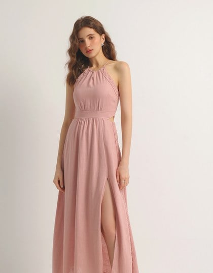 Side Cut Out Padded Maxi Dress with Lace Halter Neckline