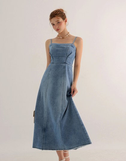 Spaghetti Strap Washed Jeans Denim Frayed Hem Maxi Dress