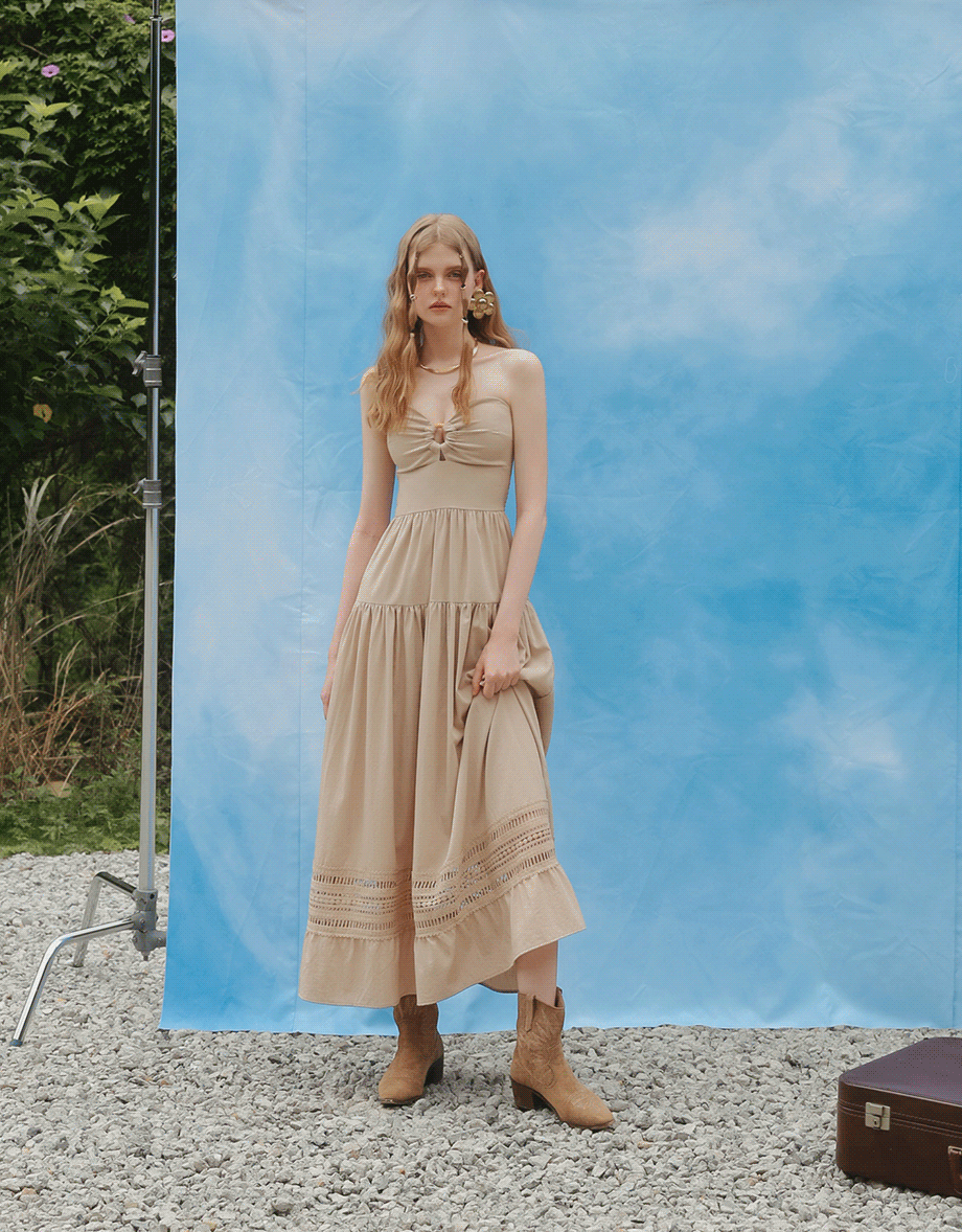 2 Way Halter Cut Out Padded Maxi Dress with Hollow Embroidery Hem