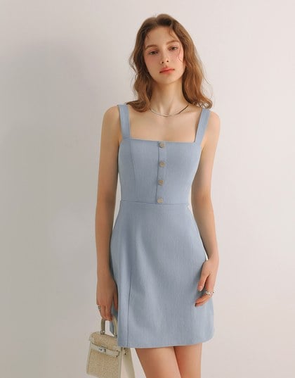 Adjustable Buckled Strap Jeans Denim Mini Dress with Front Button Detail