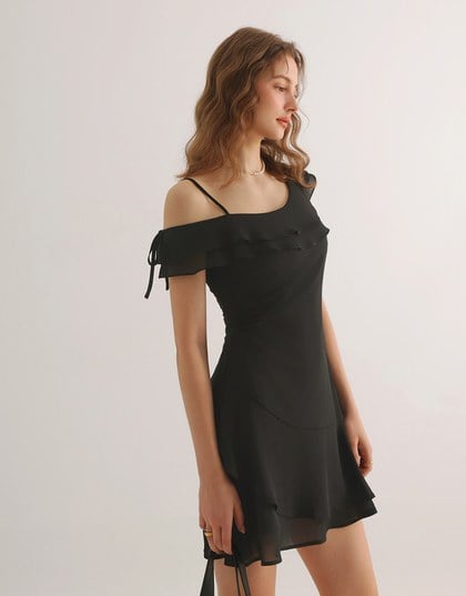 Asymmetric Ruffled Chiffon Cold Shoulder Padded Mini Dress
