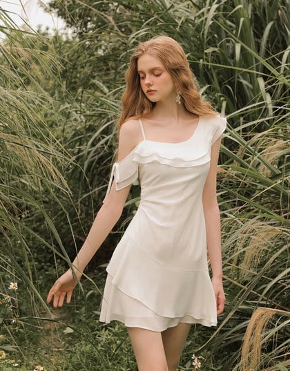 Asymmetric Ruffled Chiffon Cold Shoulder Padded Mini Dress