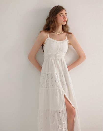 Floral Eyelet Lace Button Front Tiered Cami Padded Maxi Dress