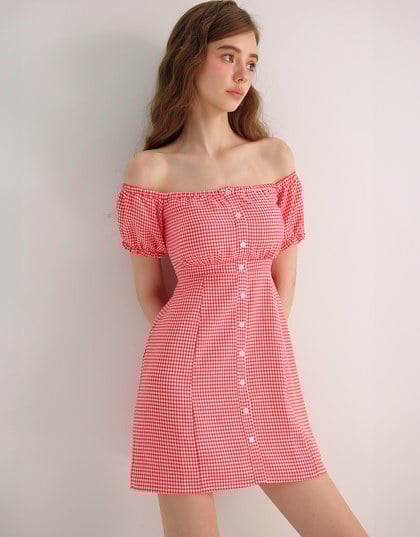 Gingham Off Shoulder Puff Sleeve Button Front Padded Mini Dress