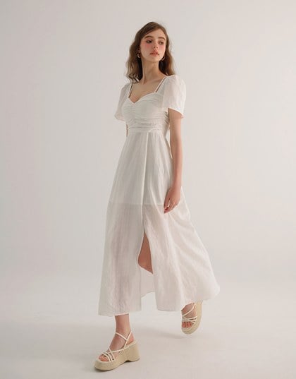 Sweetheart Puff Sleeve Ruched Bodice Check Padded Maxi Dress