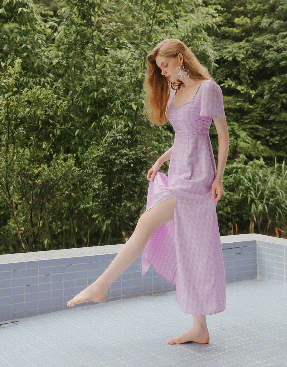 Sweetheart Puff Sleeve Ruched Bodice Check Padded Maxi Dress