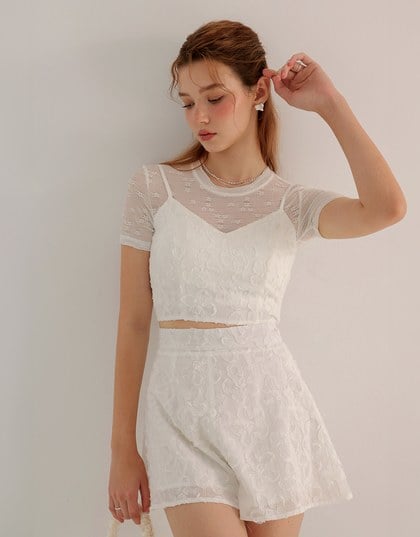 Floral Textured Spaghetti Strap Cami Padded Top with Matching High Waist Shorts Set Wear