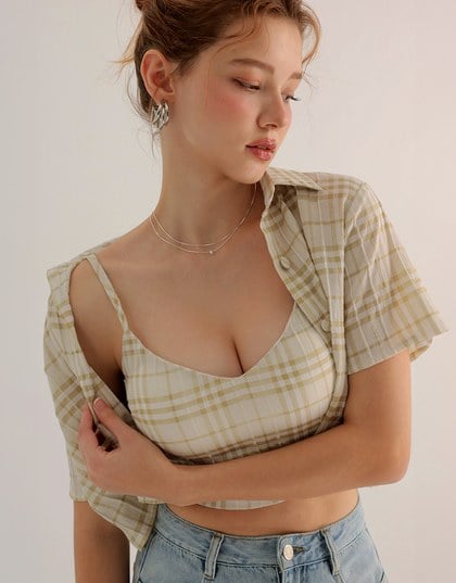 Checkered Button Up Cropped Shirt and Checkered Cami Padded Top Set Wear