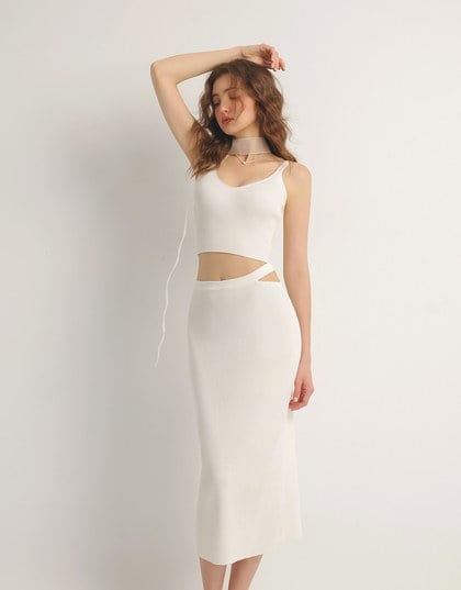 Double Shoulder Strap Ribbed Cami Top and Side Waist Cutout Knit Maxi Skirt Set Wear